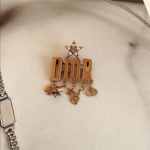 CHRISTIAN DIOR Metal Crystal Dio(r)evolution Logo Brooch Antique Gold